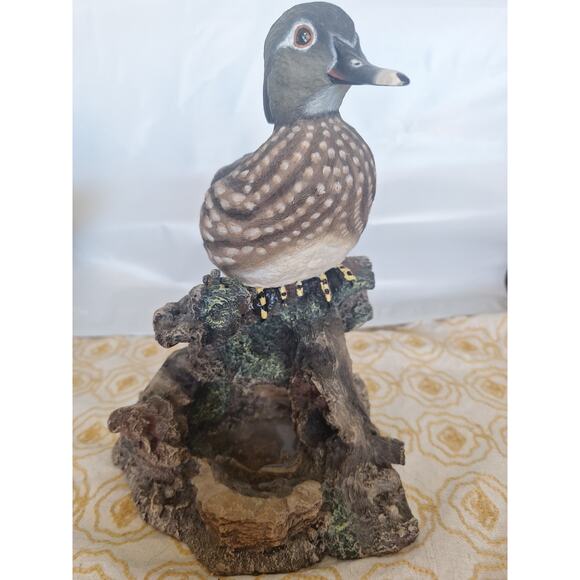 Realistic Wood Duck Figurine on Log Base- Hand Painted Wildlife Decor- Excellent - Picture 1 of 6